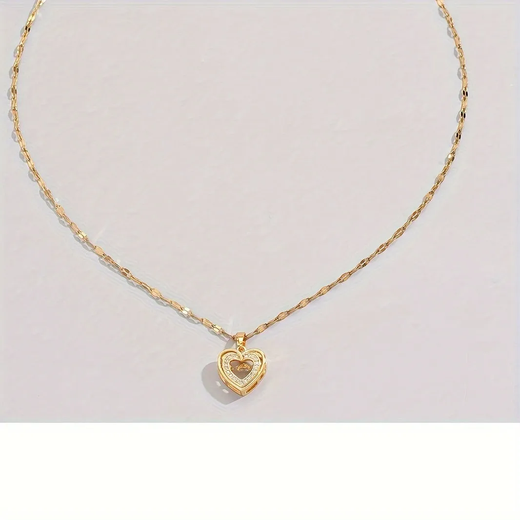 18K Gold Plated Copper Three-Dimensional Love Design Necklace - Fashionable Rhinestone Mosaic, Minimalist Chic, Retro, Versatile Accessory for Women - Perfect for Streetwear, Daily Commuting, Holidays, and Parties