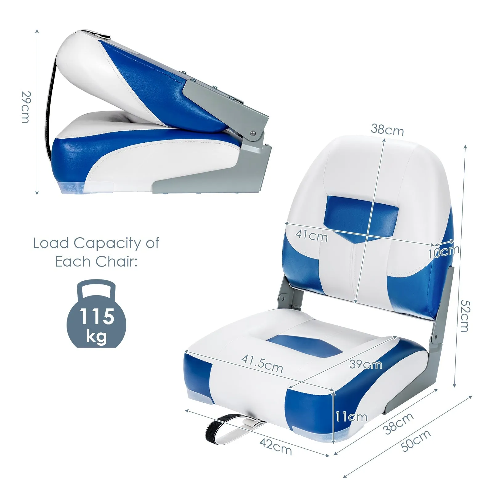 2 Pieces Folding Low-Back Boat Chair Set with Long Fixation Strap-Blue