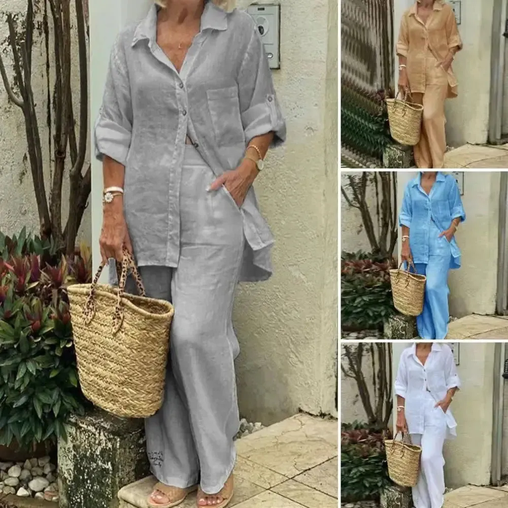 2024 Spring Cotton Linen Suit Women's Tracksuit Oversize Shirt Loose Pants Set Female Trendy Casual Fashion Ladies 2 Piece Sets