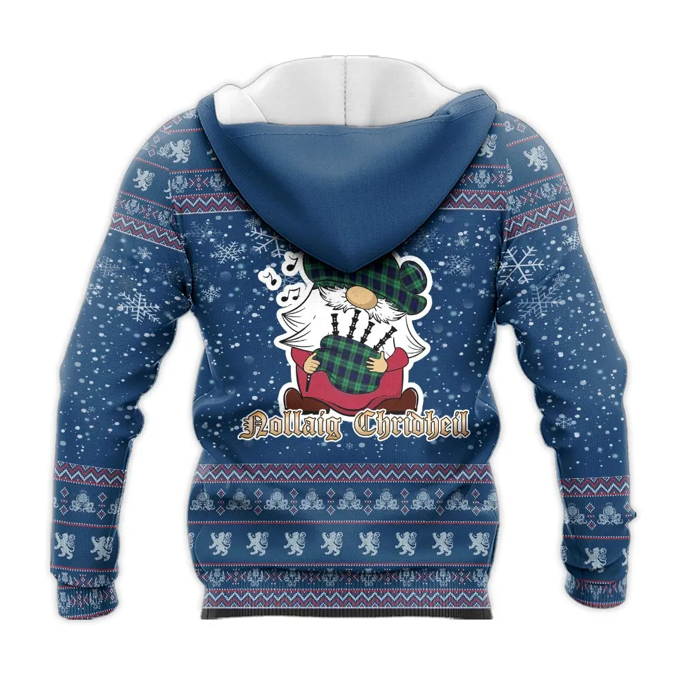 Abercrombie Clan Christmas Knitted Hoodie with Funny Gnome Playing Bagpipes