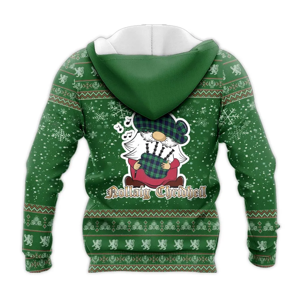 Abercrombie Clan Christmas Knitted Hoodie with Funny Gnome Playing Bagpipes