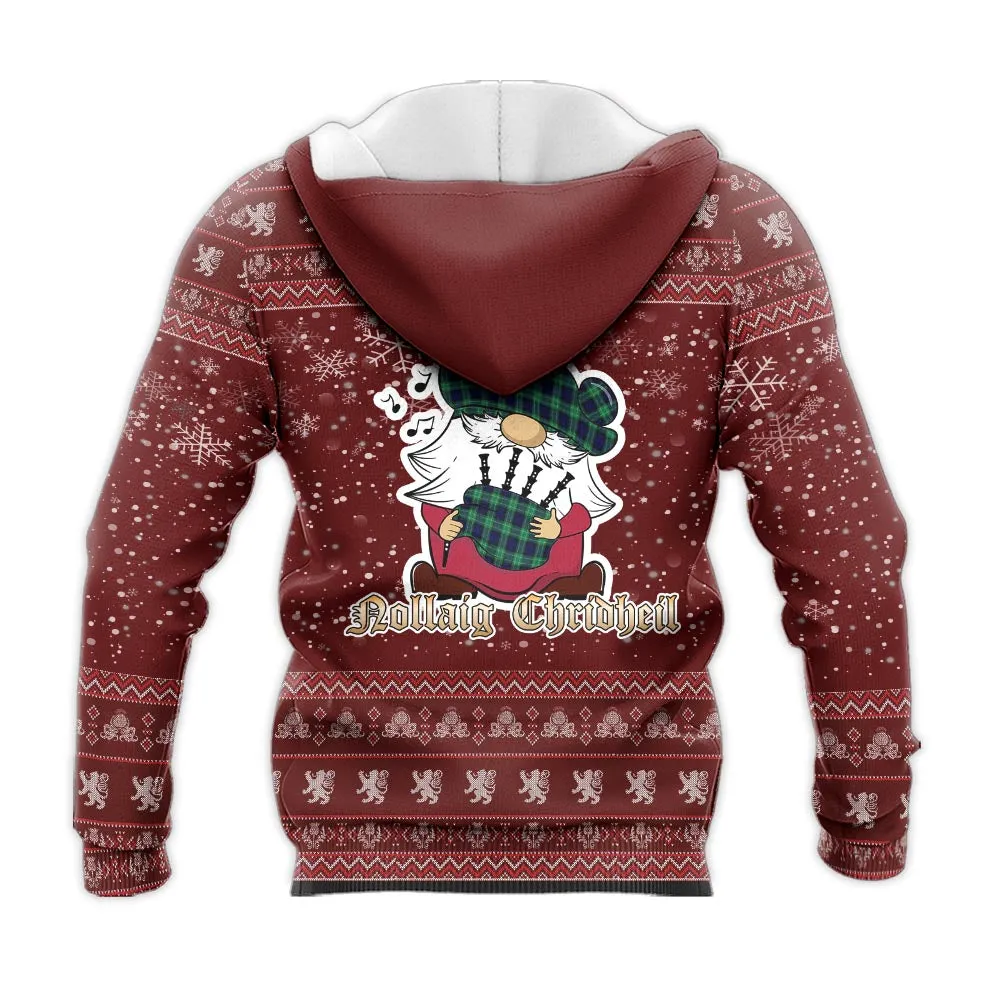 Abercrombie Clan Christmas Knitted Hoodie with Funny Gnome Playing Bagpipes