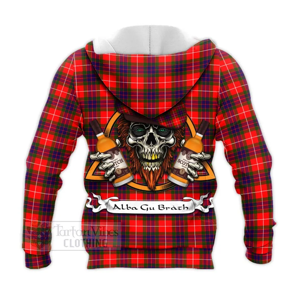 Abernethy Tartan Knitted Hoodie with Family Crest and Bearded Skull Holding Bottles of Whiskey