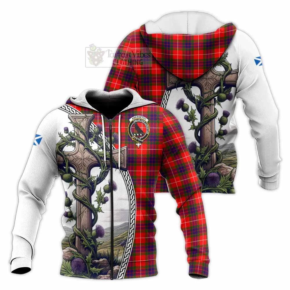 Abernethy Tartan Knitted Hoodie with Family Crest and St. Andrew's Cross Accented by Thistle Vines