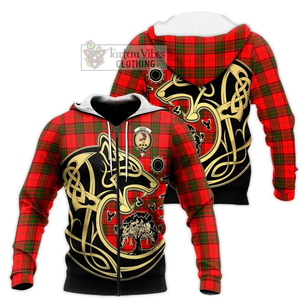 Adair Tartan Knitted Hoodie with Family Crest Celtic Wolf Style