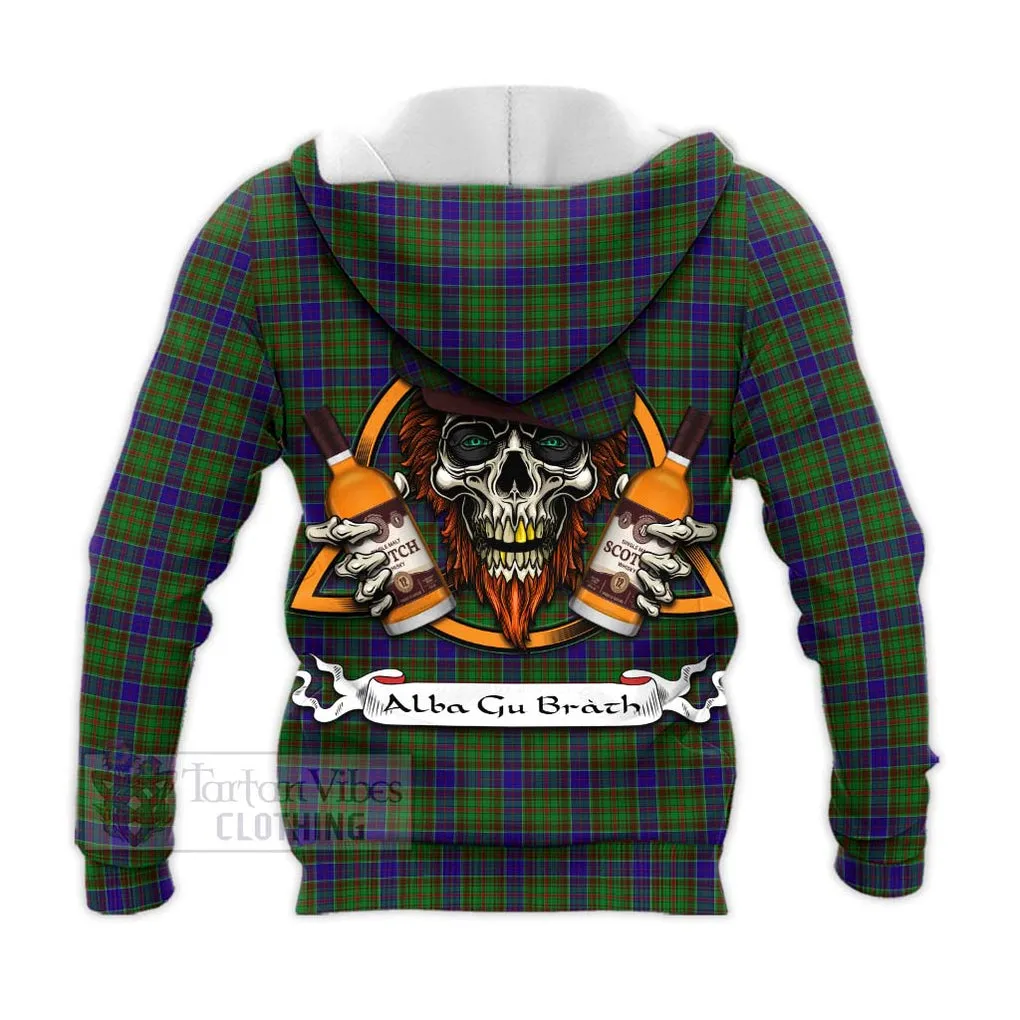 Adam Tartan Knitted Hoodie with Family Crest and Bearded Skull Holding Bottles of Whiskey