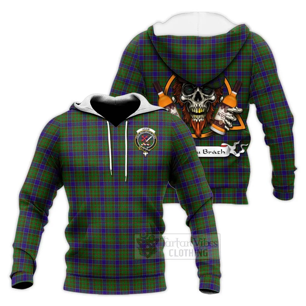 Adam Tartan Knitted Hoodie with Family Crest and Bearded Skull Holding Bottles of Whiskey