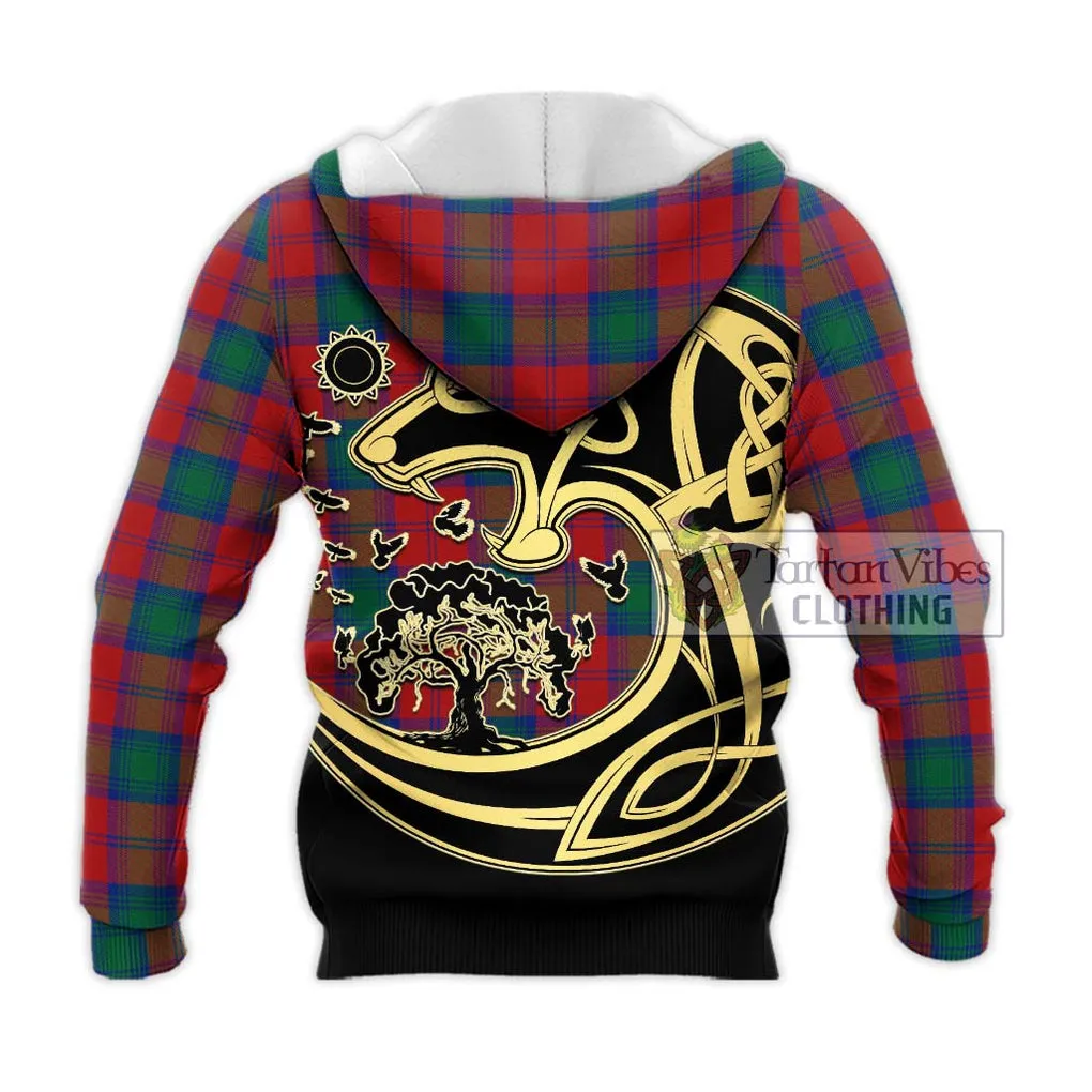 Affleck Tartan Knitted Hoodie with Family Crest Celtic Wolf Style