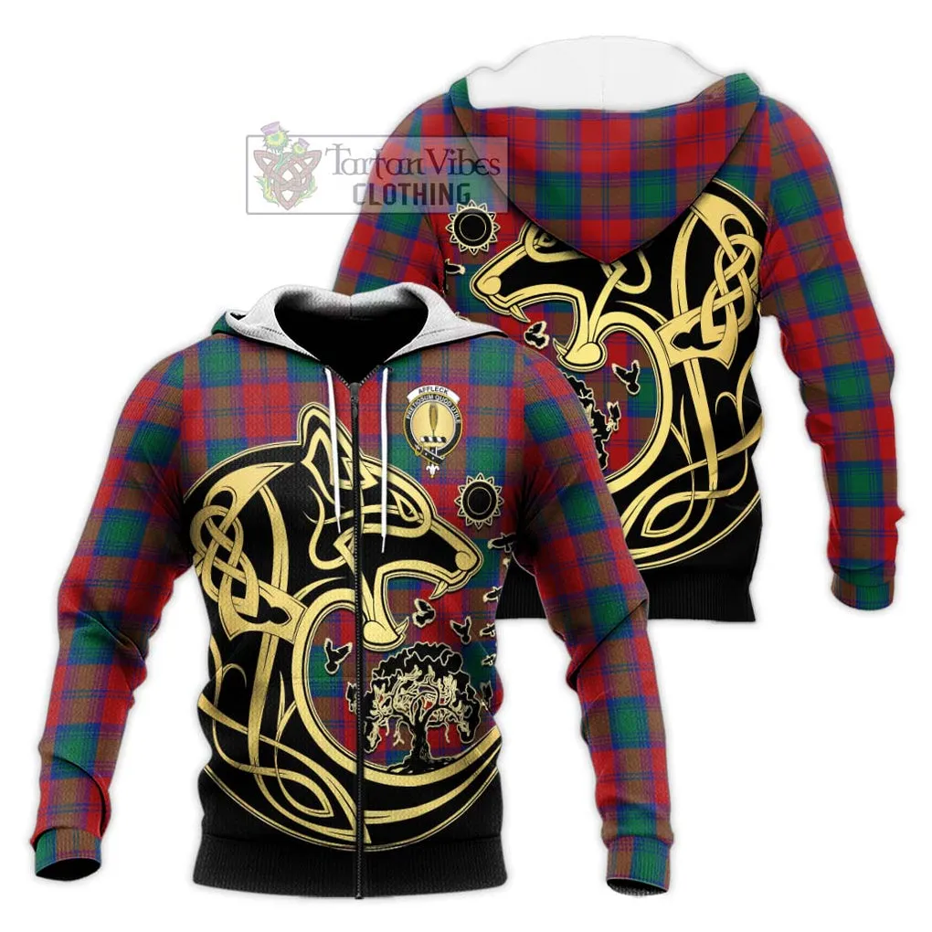 Affleck Tartan Knitted Hoodie with Family Crest Celtic Wolf Style