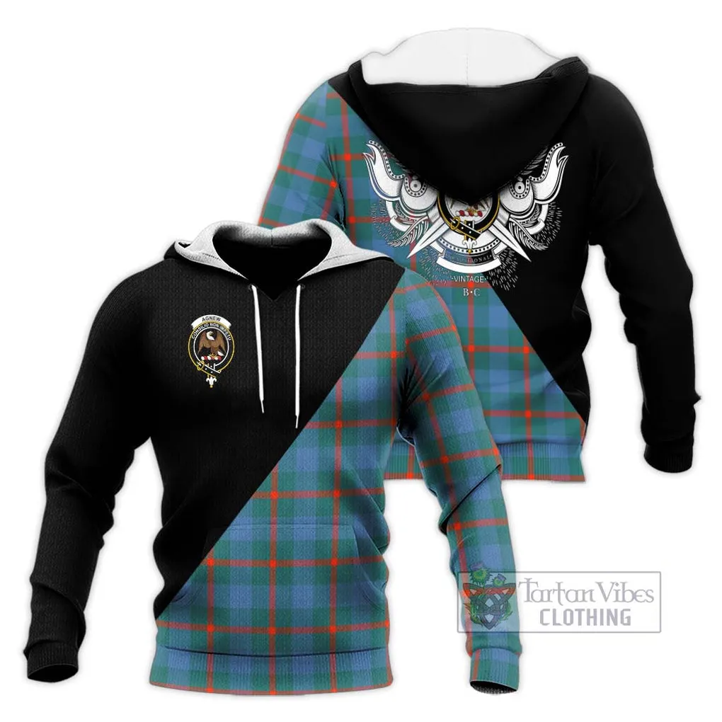 Agnew Ancient Tartan Knitted Hoodie with Family Crest and Military Logo Style