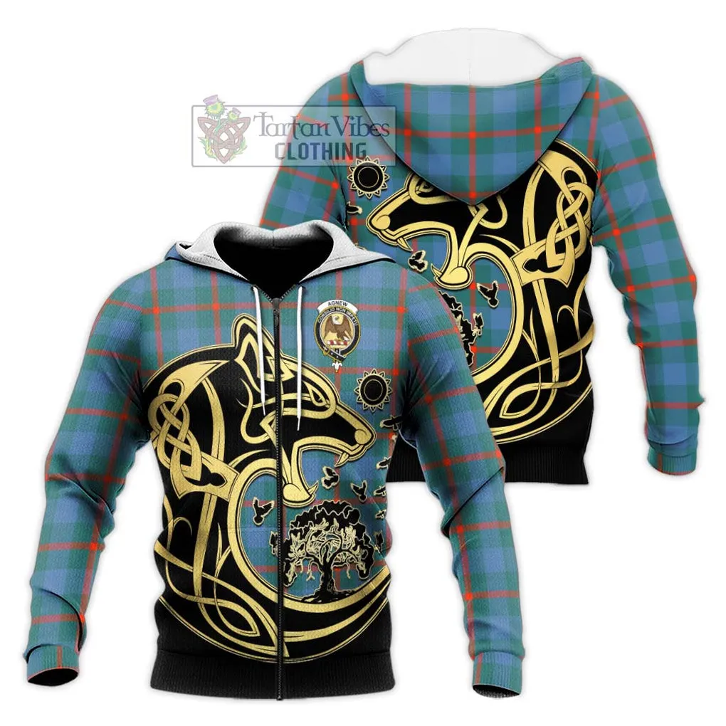 Agnew Ancient Tartan Knitted Hoodie with Family Crest Celtic Wolf Style