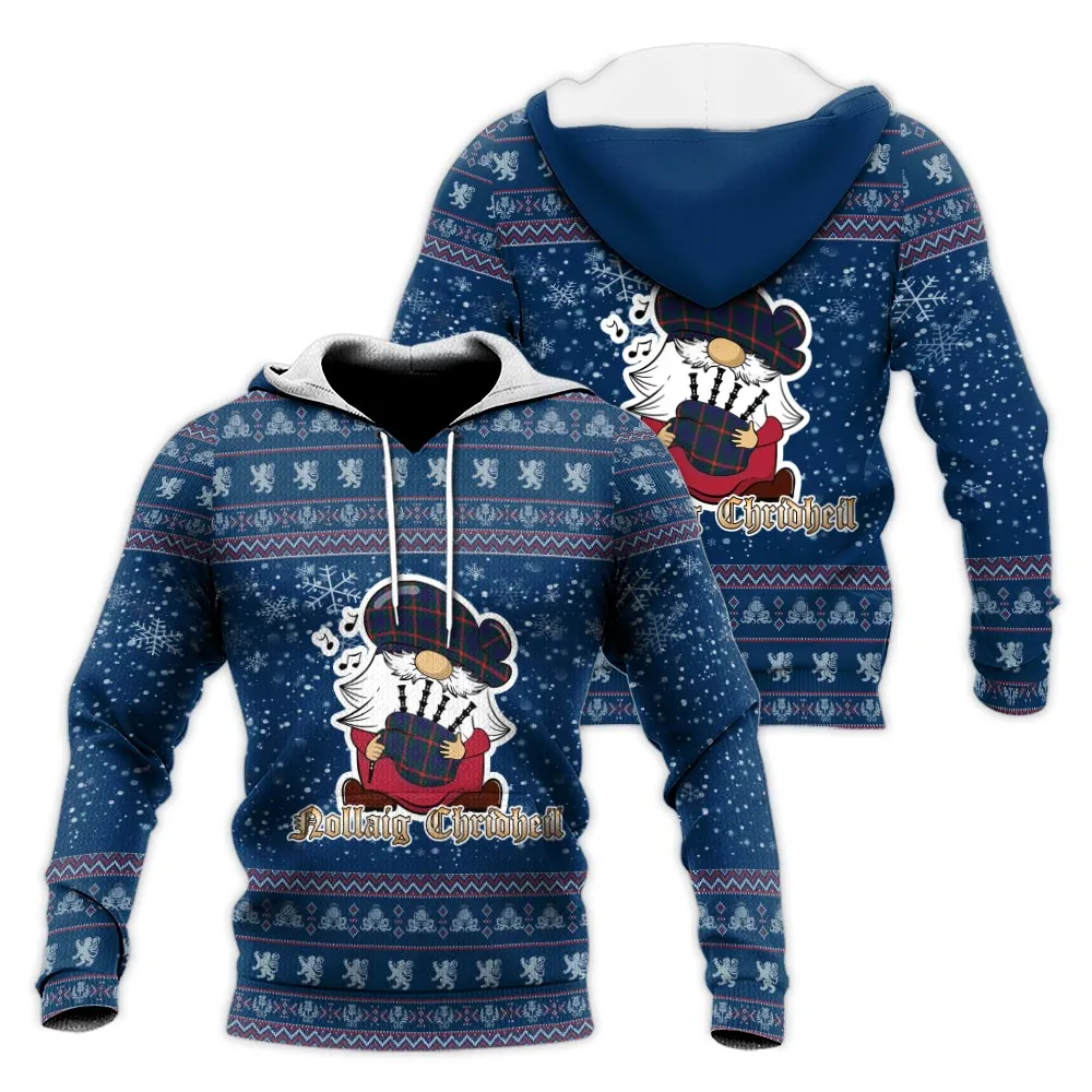 Agnew Clan Christmas Knitted Hoodie with Funny Gnome Playing Bagpipes