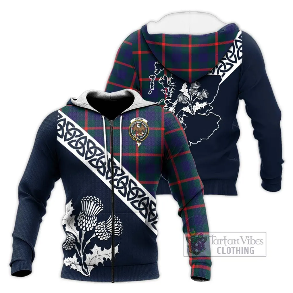 Agnew Tartan Knitted Hoodie Featuring Thistle and Scotland Map