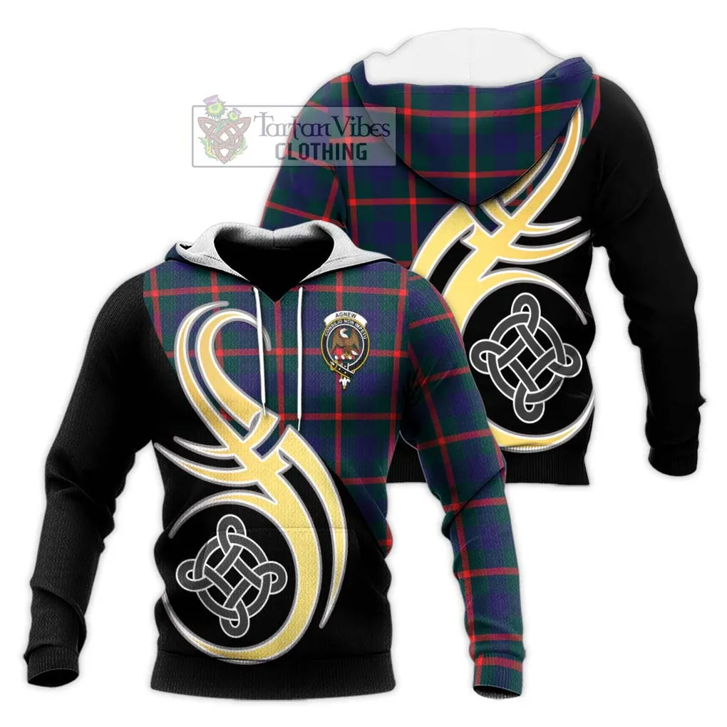 Agnew Tartan Knitted Hoodie with Family Crest and Celtic Symbol Style