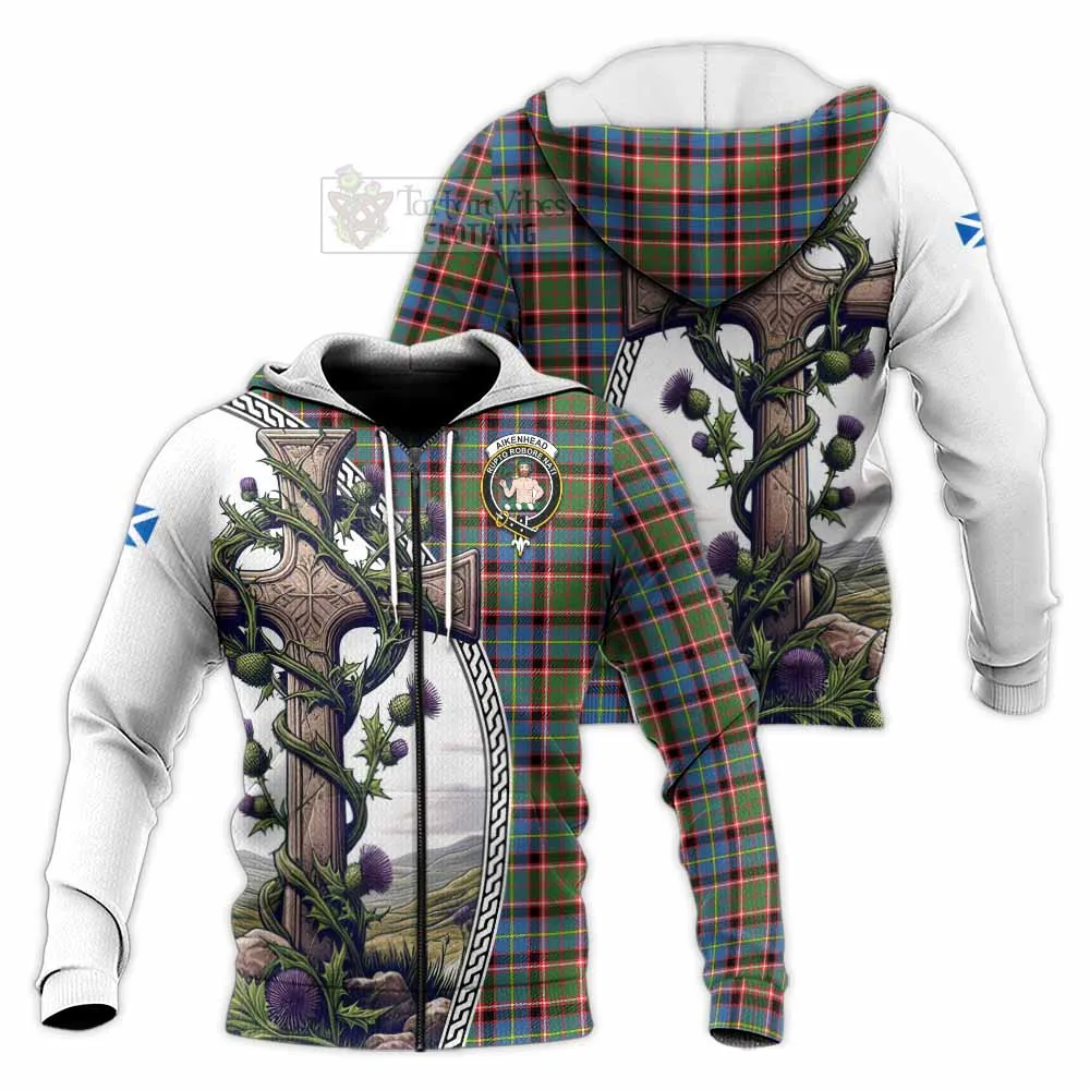 Aikenhead Tartan Knitted Hoodie with Family Crest and St. Andrew's Cross Accented by Thistle Vines