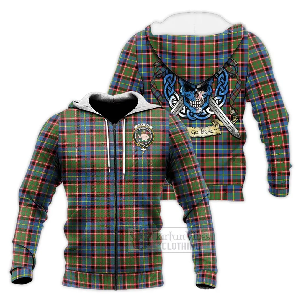 Aikenhead Tartan Knitted Hoodie with Family Crest Celtic Skull Style