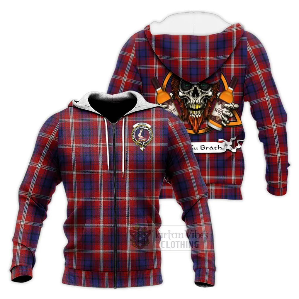 Ainslie Tartan Knitted Hoodie with Family Crest and Bearded Skull Holding Bottles of Whiskey