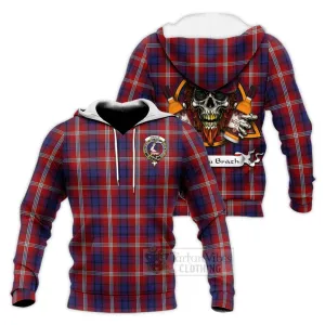 Ainslie Tartan Knitted Hoodie with Family Crest and Bearded Skull Holding Bottles of Whiskey