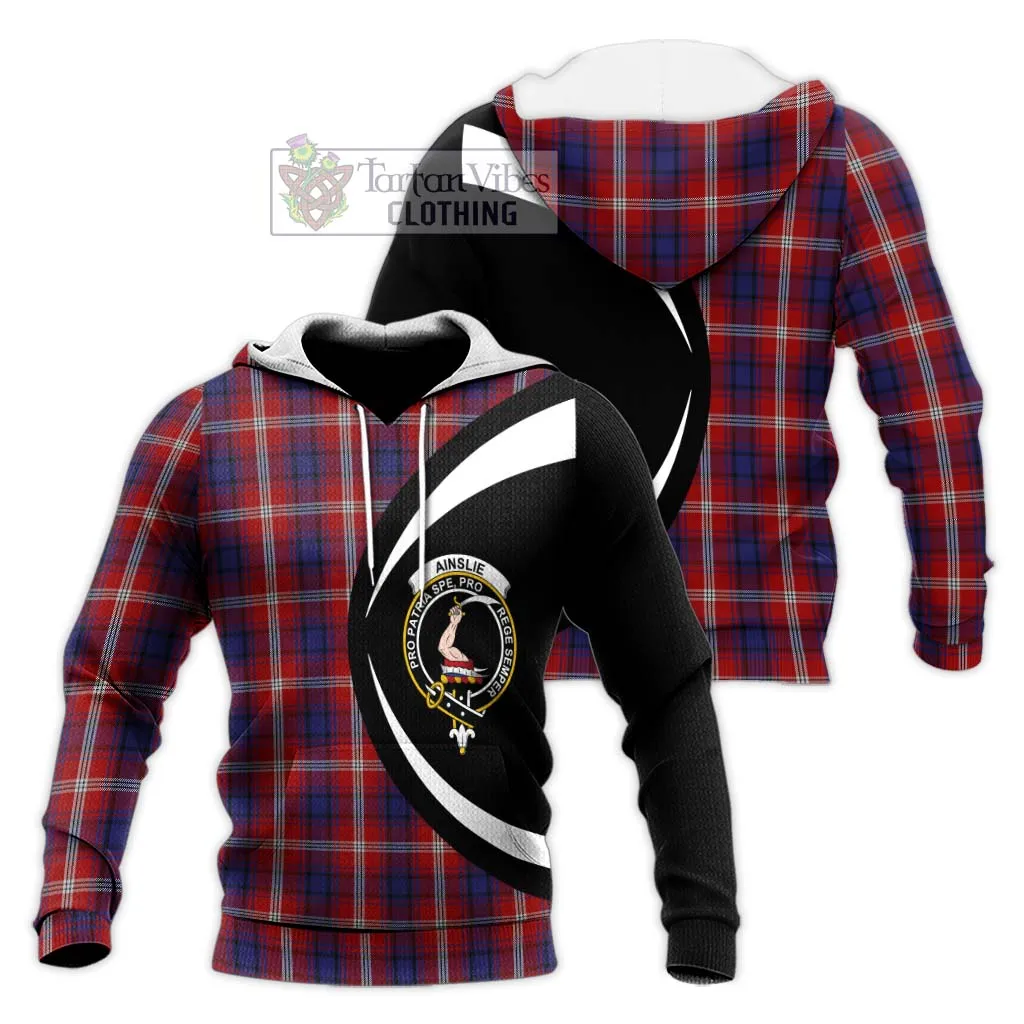 Ainslie Tartan Knitted Hoodie with Family Crest Circle Style