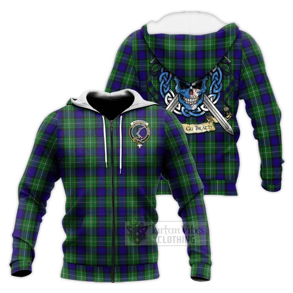 Alexander Tartan Knitted Hoodie with Family Crest Celtic Skull Style