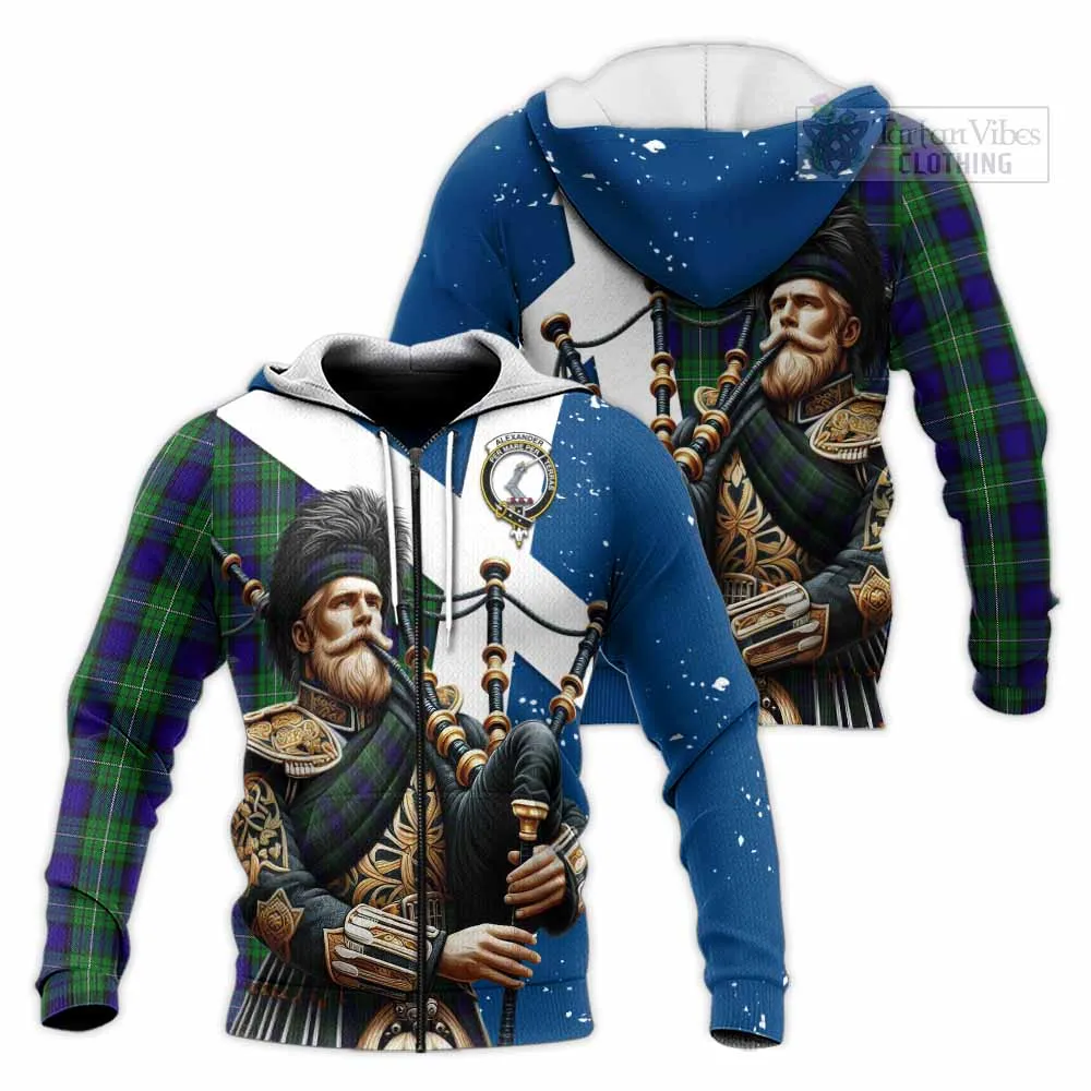 Alexander Tartan Knitted Hoodie with Family Crest Scottish Bagpiper Vibes