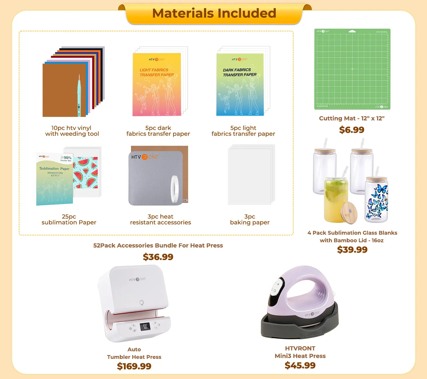 [All in bundle]HTVRONT Auto Tumbler Mini3 Heat Press Machine advanced Bundle(Multicolor HTV*10 Sumblimation Paper*25 Glasses 16oz*4 Transfer paper*10 PTFE Teflon Sheet Heat Press Mat Weeding Tools≥83＄)