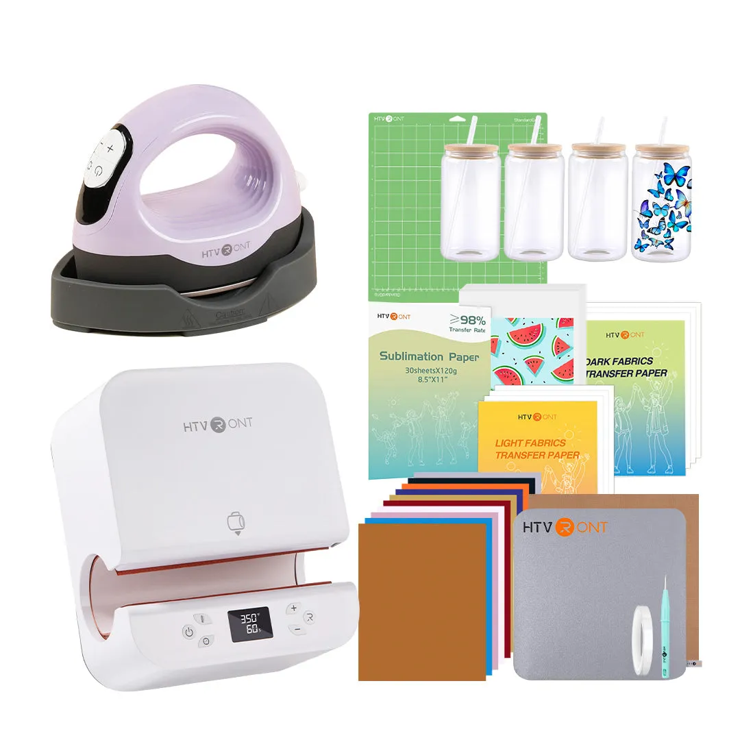 [All in bundle]HTVRONT Auto Tumbler Mini3 Heat Press Machine advanced Bundle(Multicolor HTV*10 Sumblimation Paper*25 Glasses 16oz*4 Transfer paper*10 PTFE Teflon Sheet Heat Press Mat Weeding Tools≥83＄)