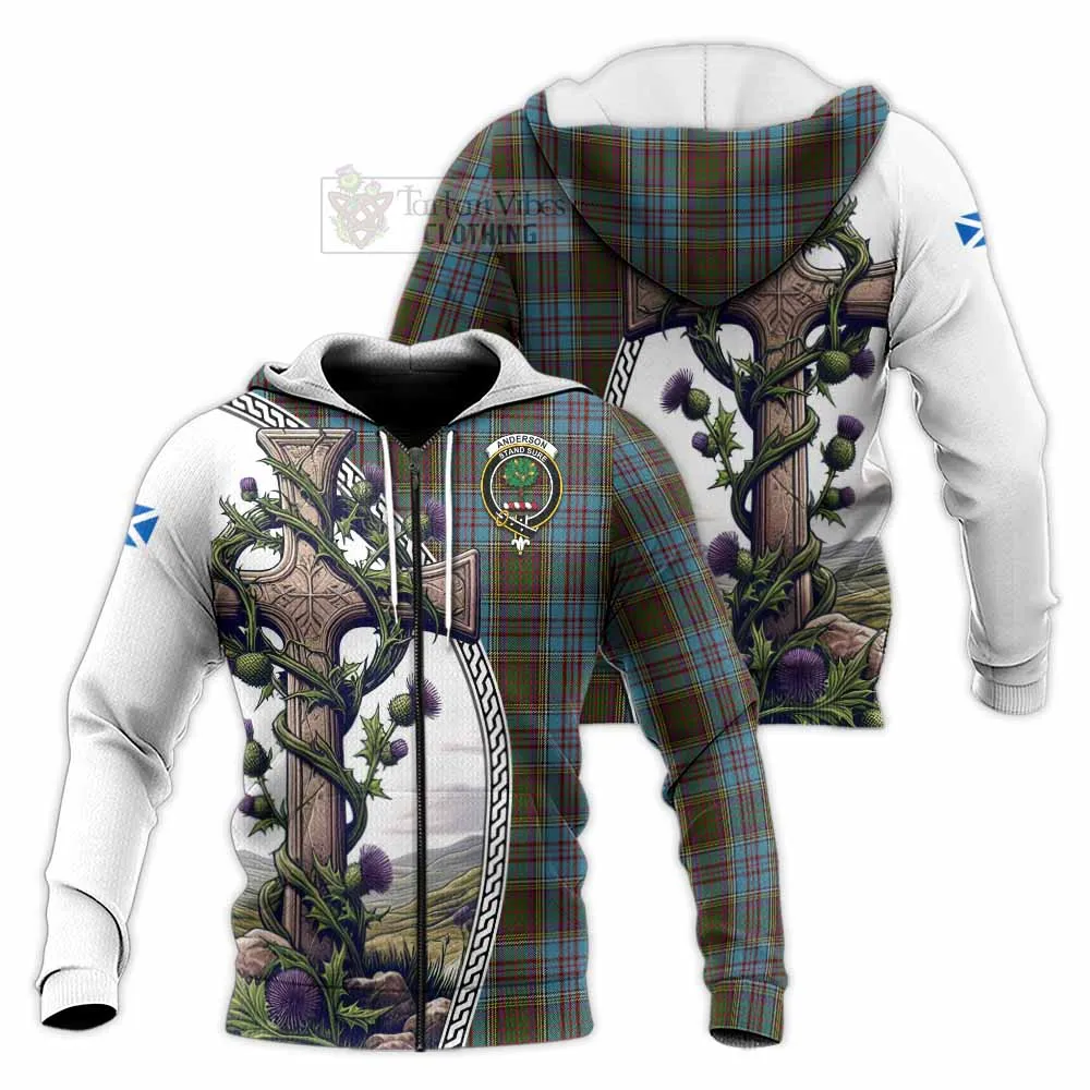 Anderson Tartan Knitted Hoodie with Family Crest and St. Andrew's Cross Accented by Thistle Vines