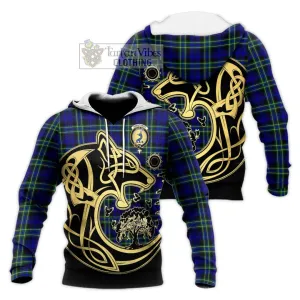 Arbuthnot Modern Tartan Knitted Hoodie with Family Crest Celtic Wolf Style