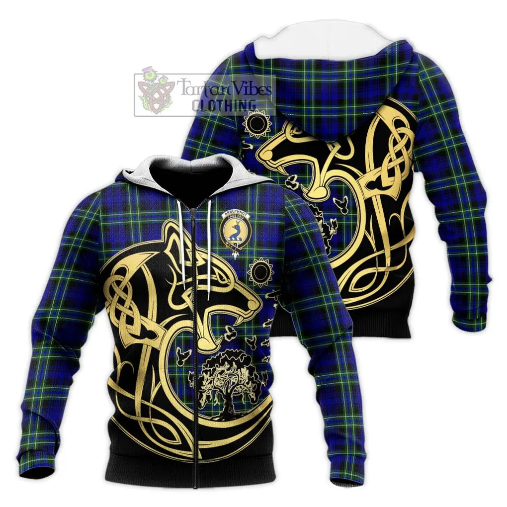 Arbuthnot Modern Tartan Knitted Hoodie with Family Crest Celtic Wolf Style