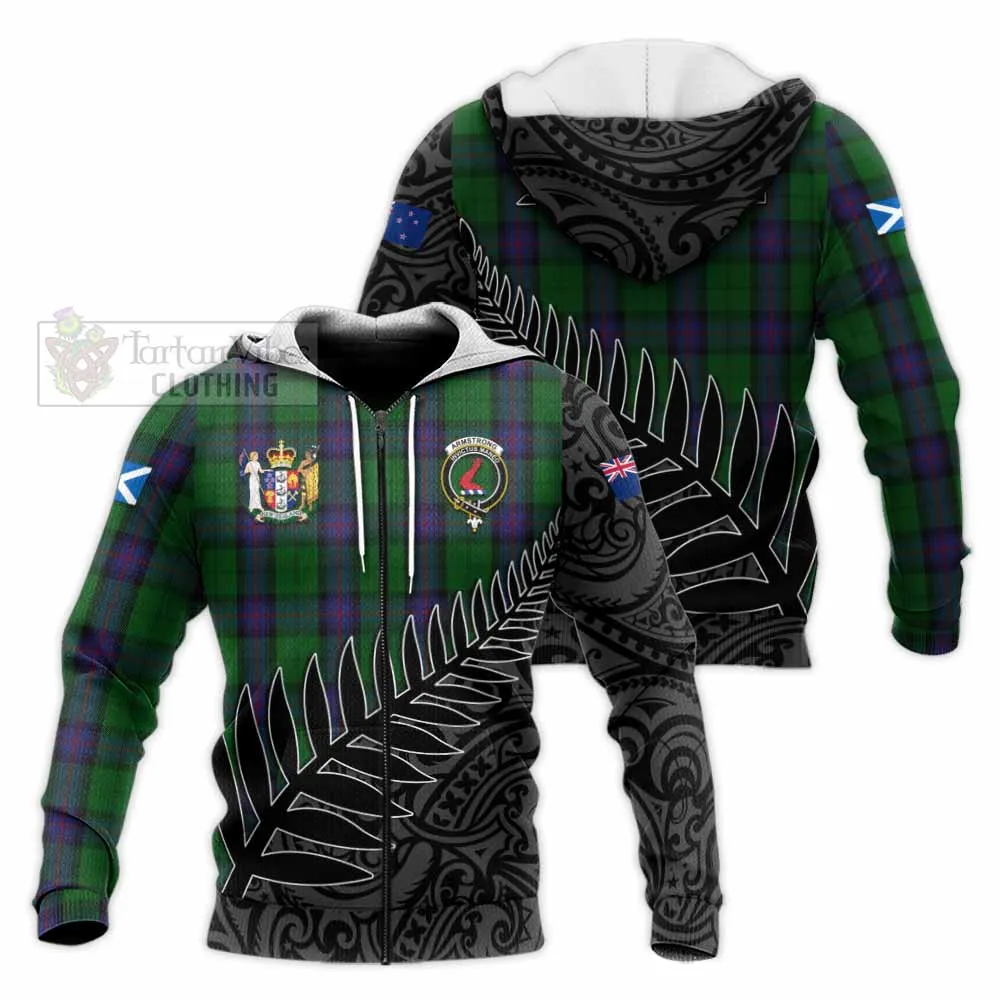 Armstrong Crest Tartan Knitted Hoodie with New Zealand Silver Fern Half Style