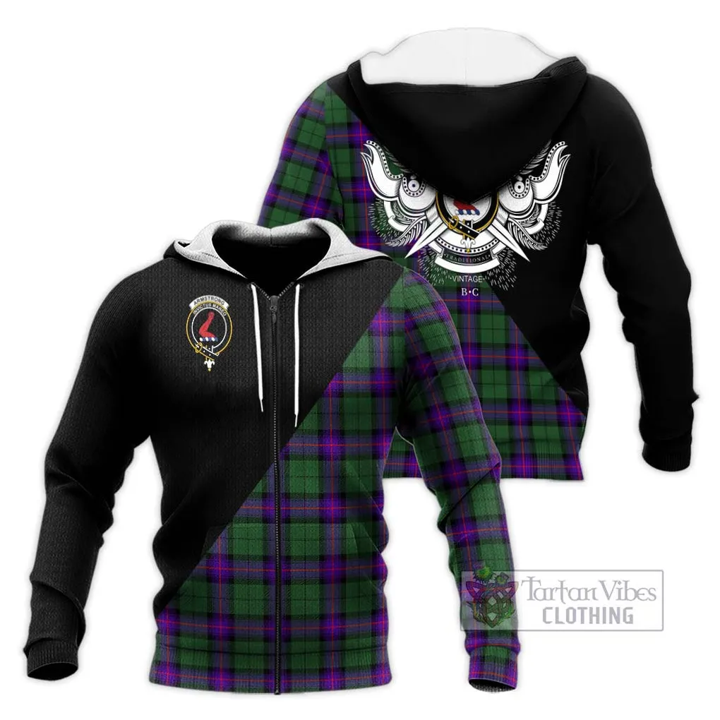 Armstrong Modern Tartan Knitted Hoodie with Family Crest and Military Logo Style