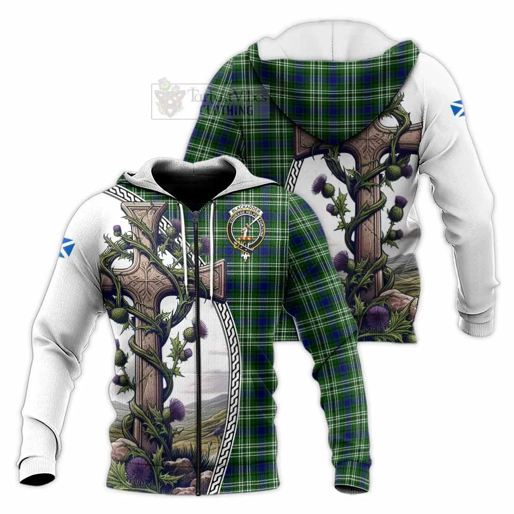 Blackadder Tartan Knitted Hoodie with Family Crest and St. Andrew's Cross Accented by Thistle Vines