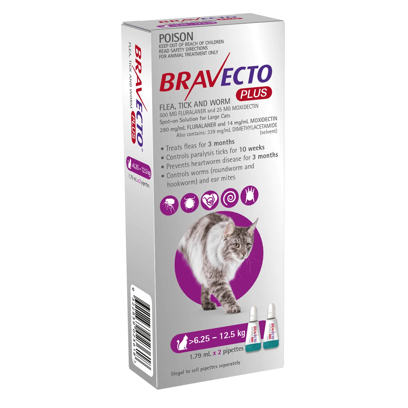 Bravecto Plus Cat Spot On Large 6.25-12.5kg Purple - 2pk