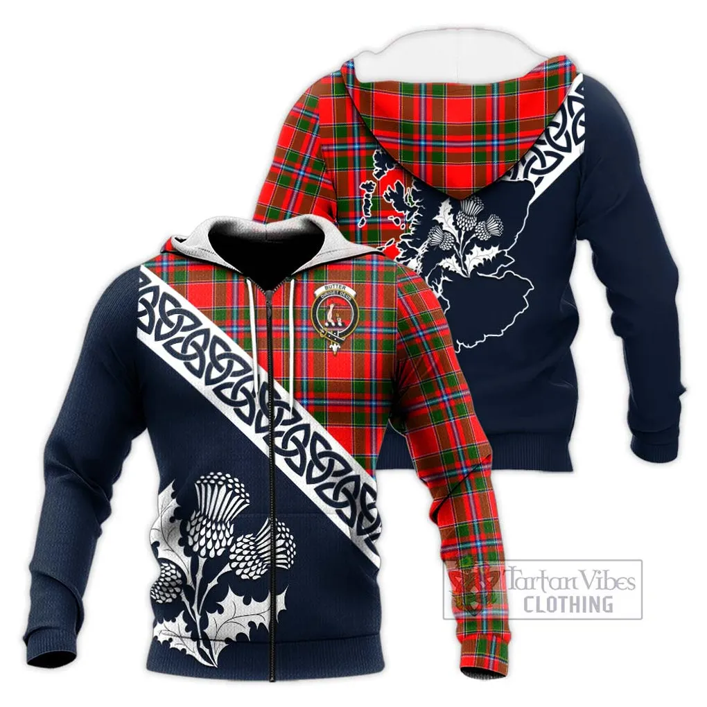 Butter Tartan Knitted Hoodie Featuring Thistle and Scotland Map