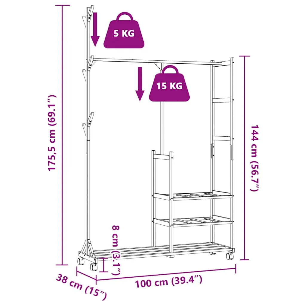 Clothes Rack with Shelves and Wheels 100x38x175.5 cm Bamboo