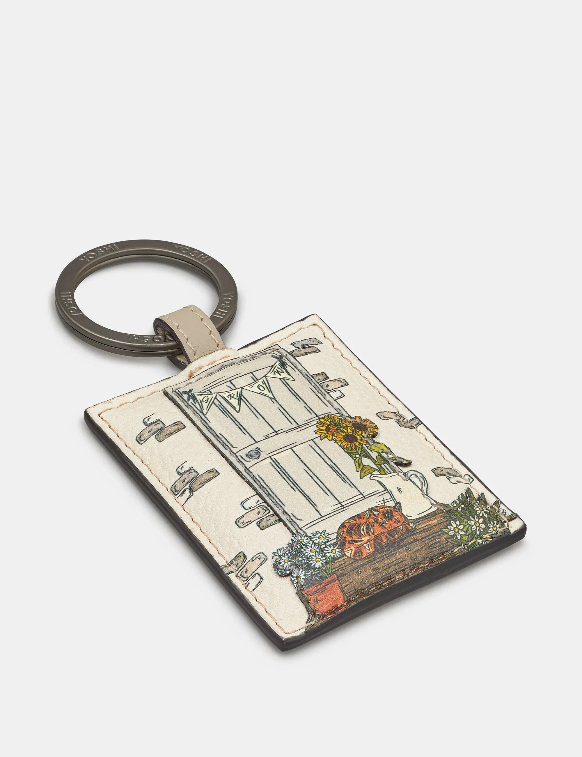 Country Cottage Doorway Warm Grey Leather Keyring