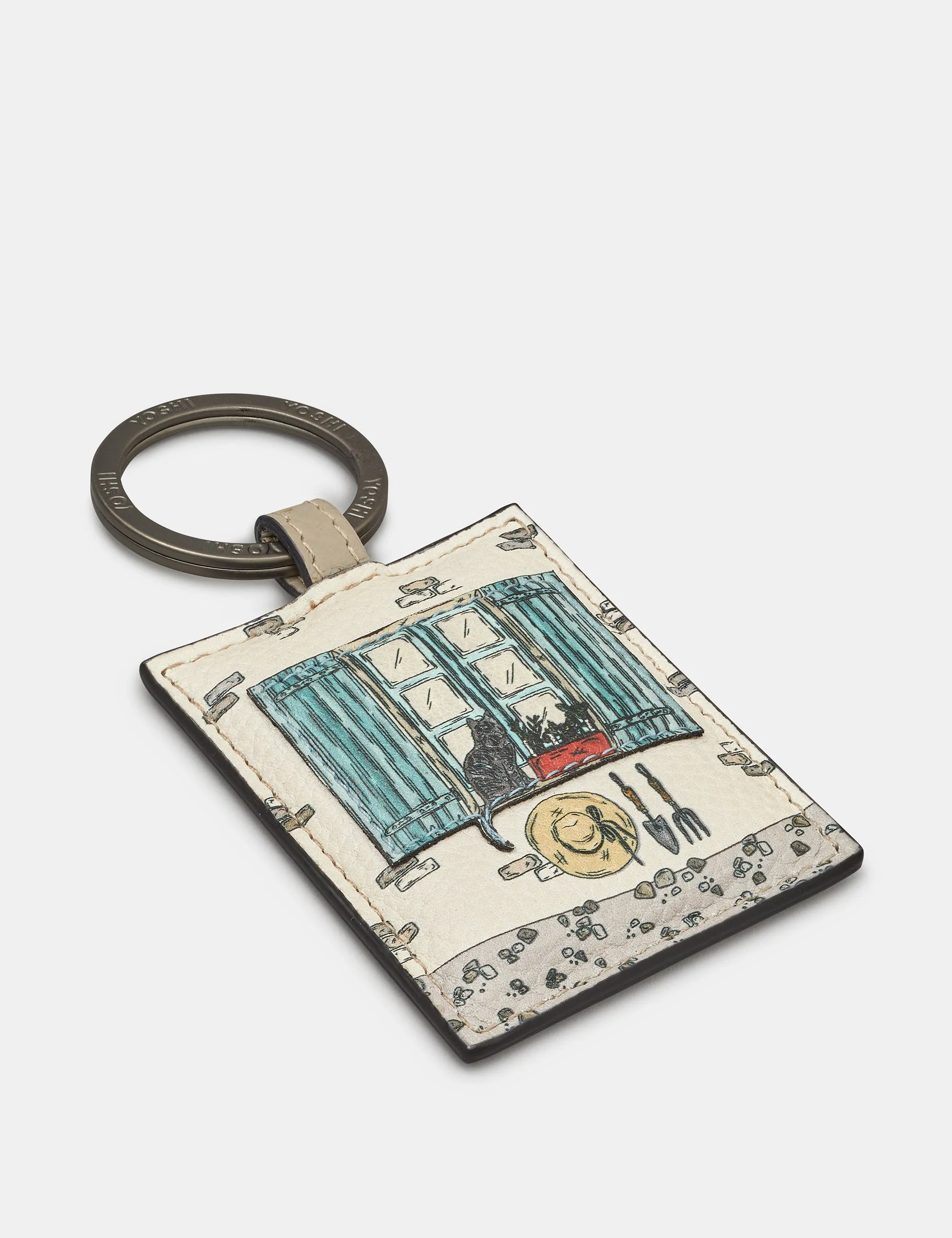 Country Cottage Window Warm Grey Leather Keyring