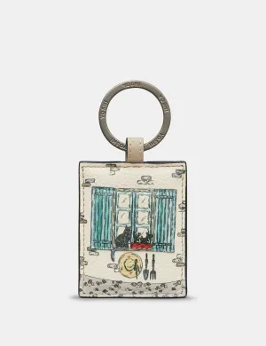 Country Cottage Window Warm Grey Leather Keyring