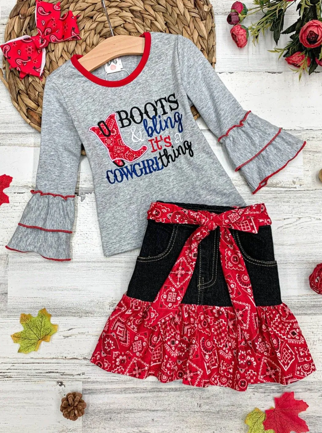 Girls "Boots Bling, It's a Cowgirl Thing" Top and Paisley Ruffled Denim Skirt Set