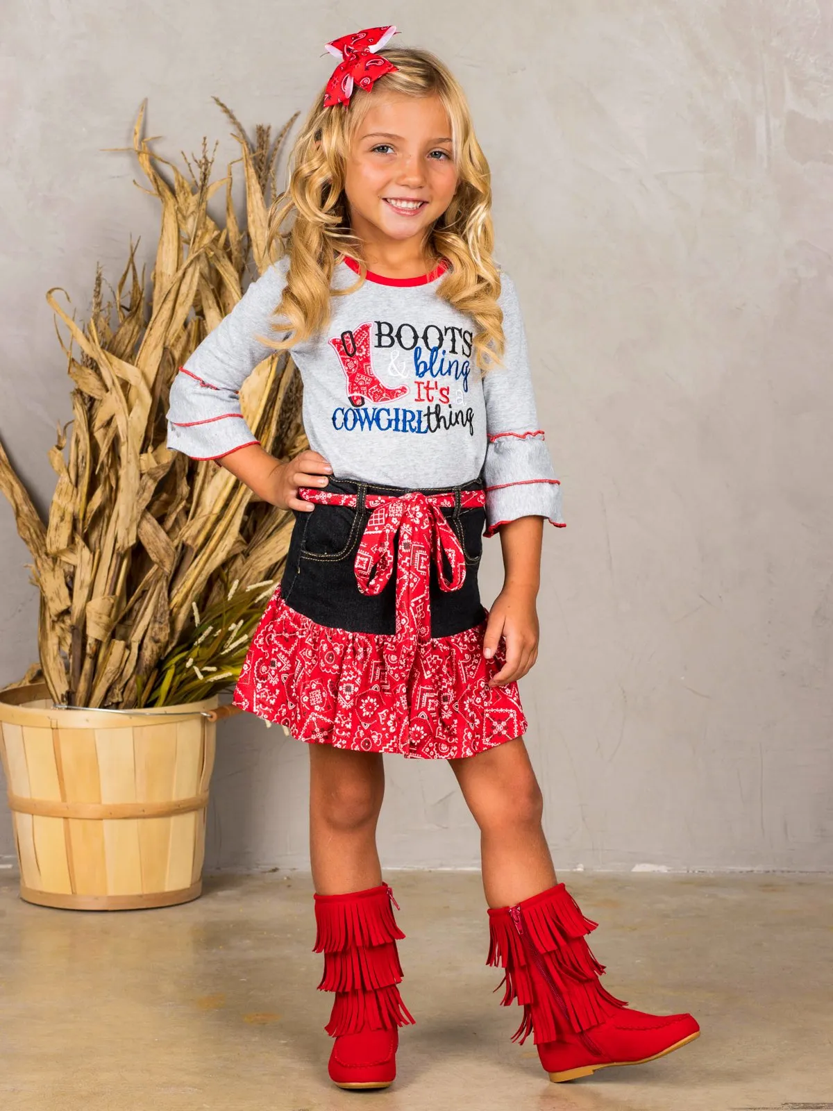 Girls "Boots Bling, It's a Cowgirl Thing" Top and Paisley Ruffled Denim Skirt Set