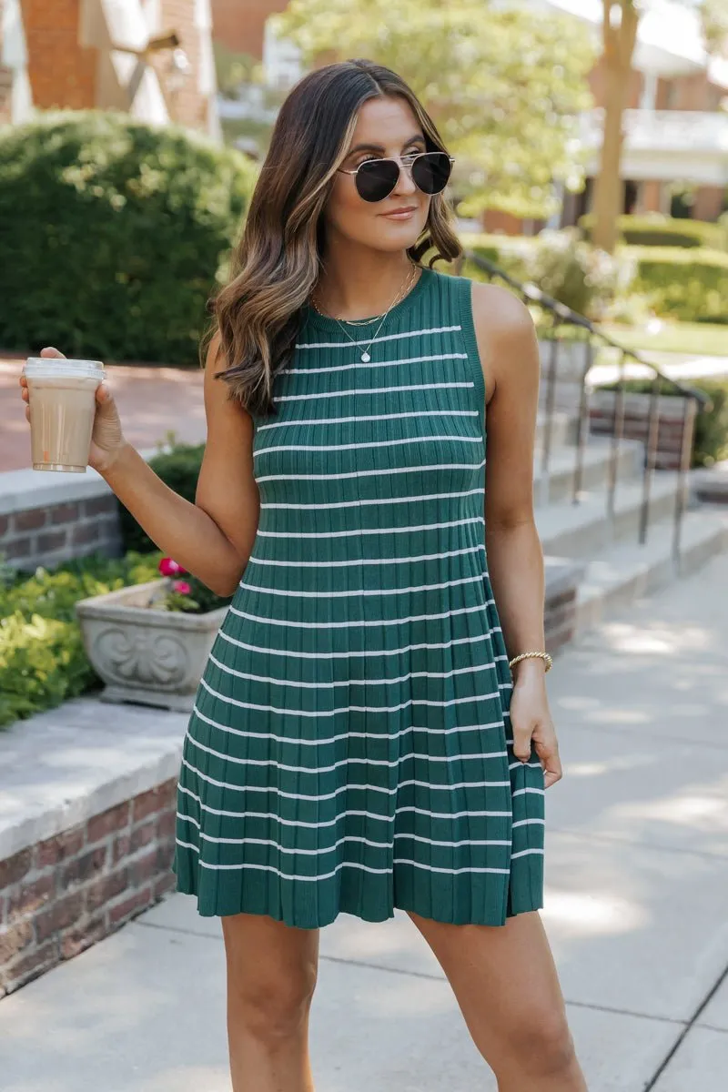 Green Stripe Pleated Mini Dress