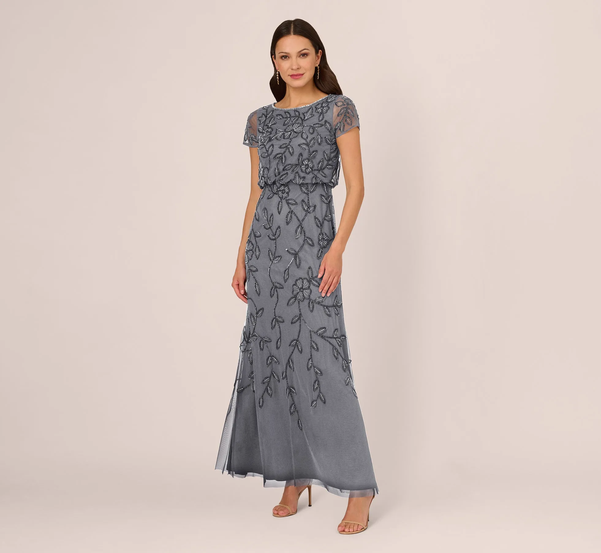 Jasmine Beaded Blouson Gown With Sheer Short Sleeves In Dusty Blue