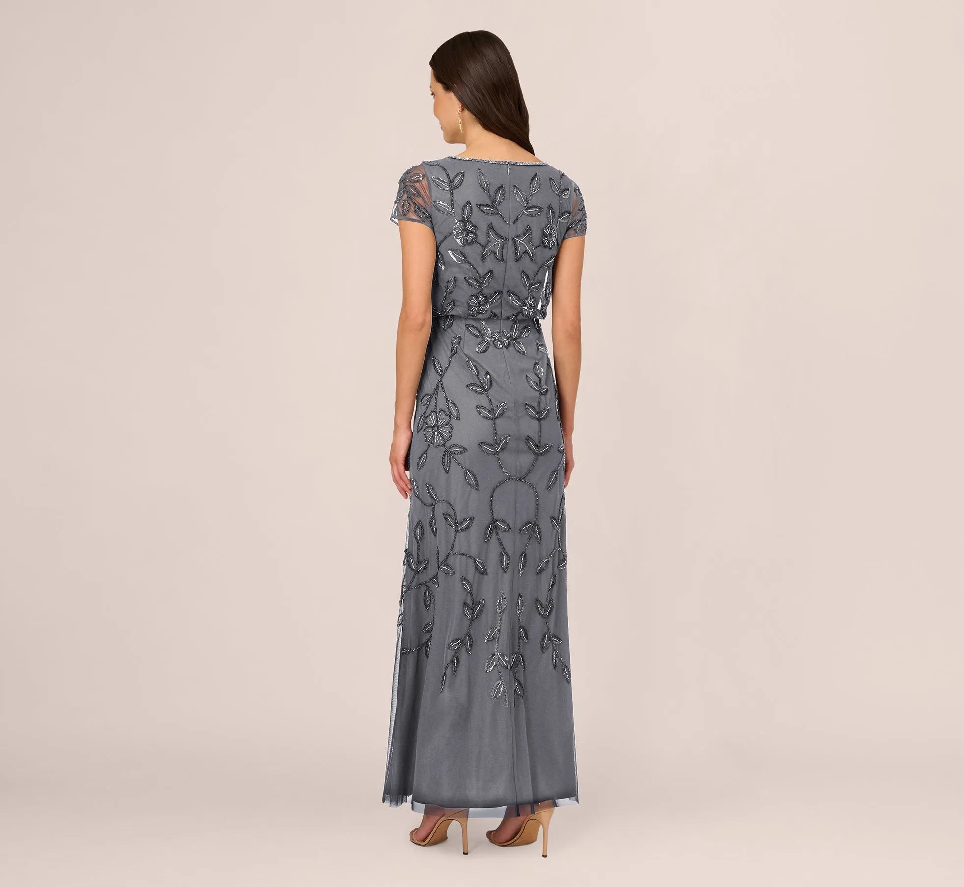 Jasmine Beaded Blouson Gown With Sheer Short Sleeves In Dusty Blue