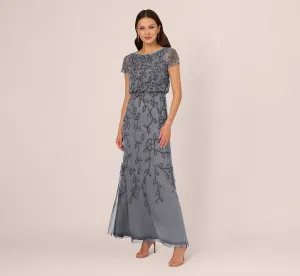 Jasmine Beaded Blouson Gown With Sheer Short Sleeves In Dusty Blue