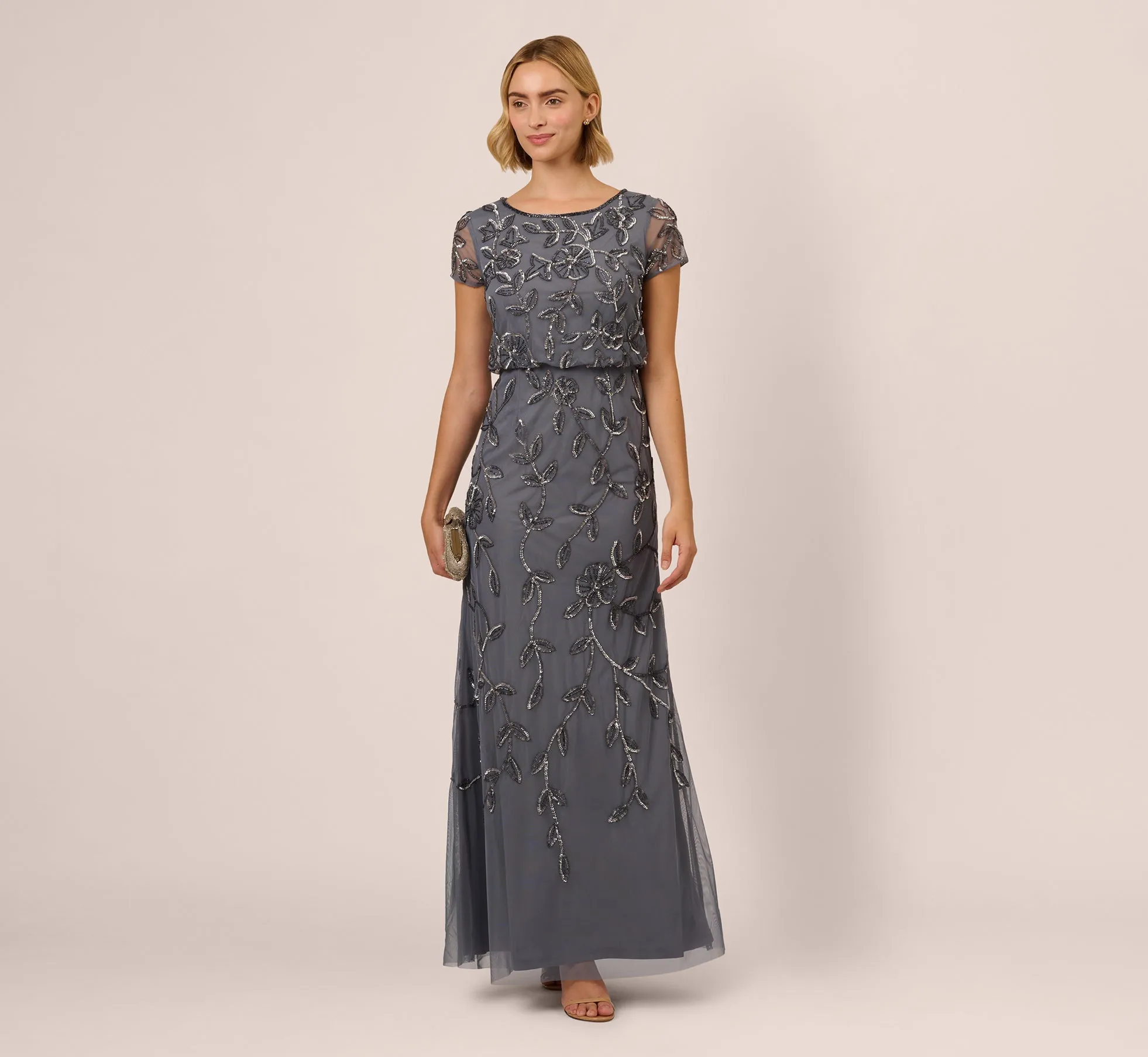 Jasmine Beaded Blouson Gown With Sheer Short Sleeves In Dusty Blue