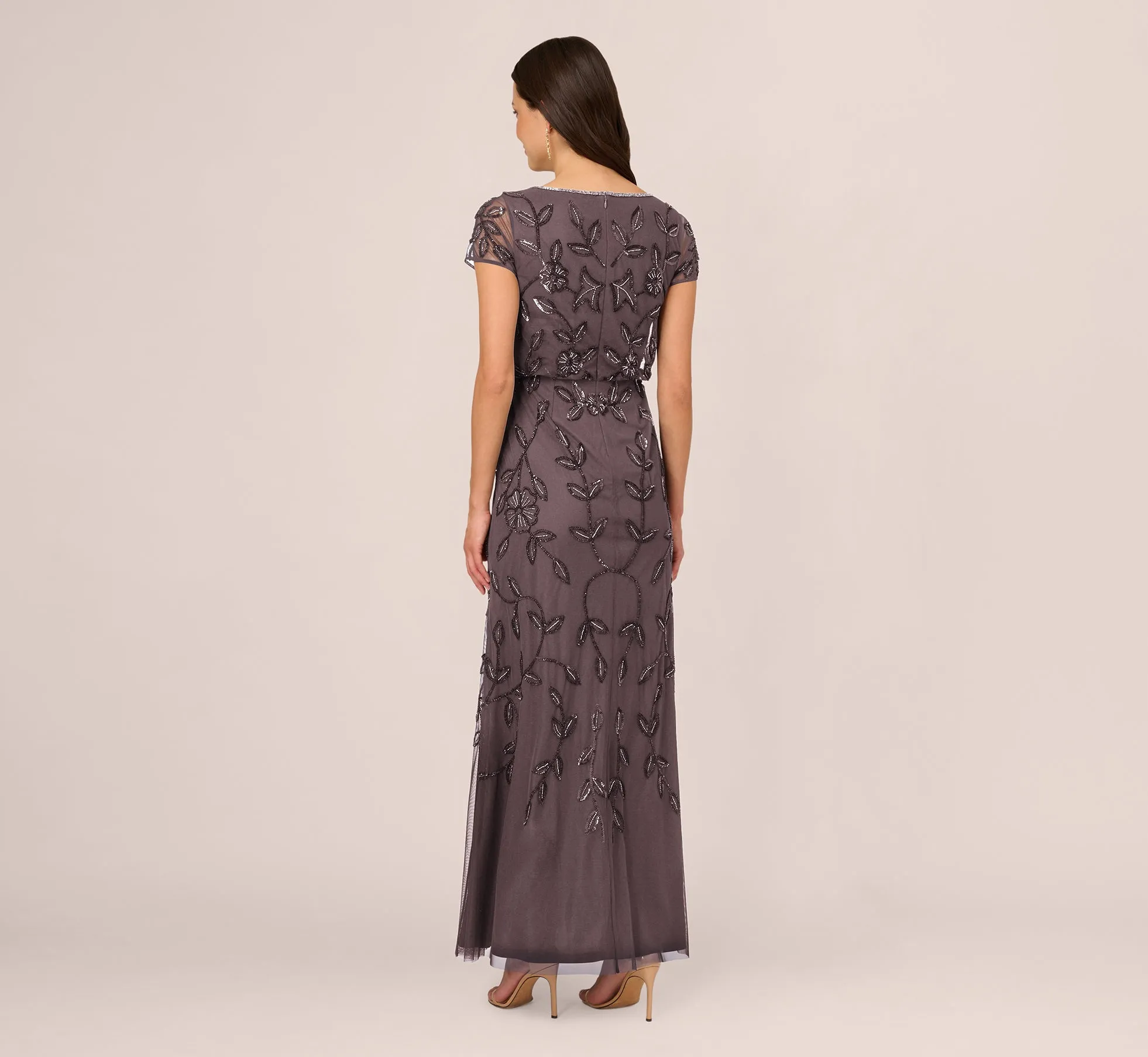 Jasmine Beaded Blouson Gown With Sheer Short Sleeves In Moonscape