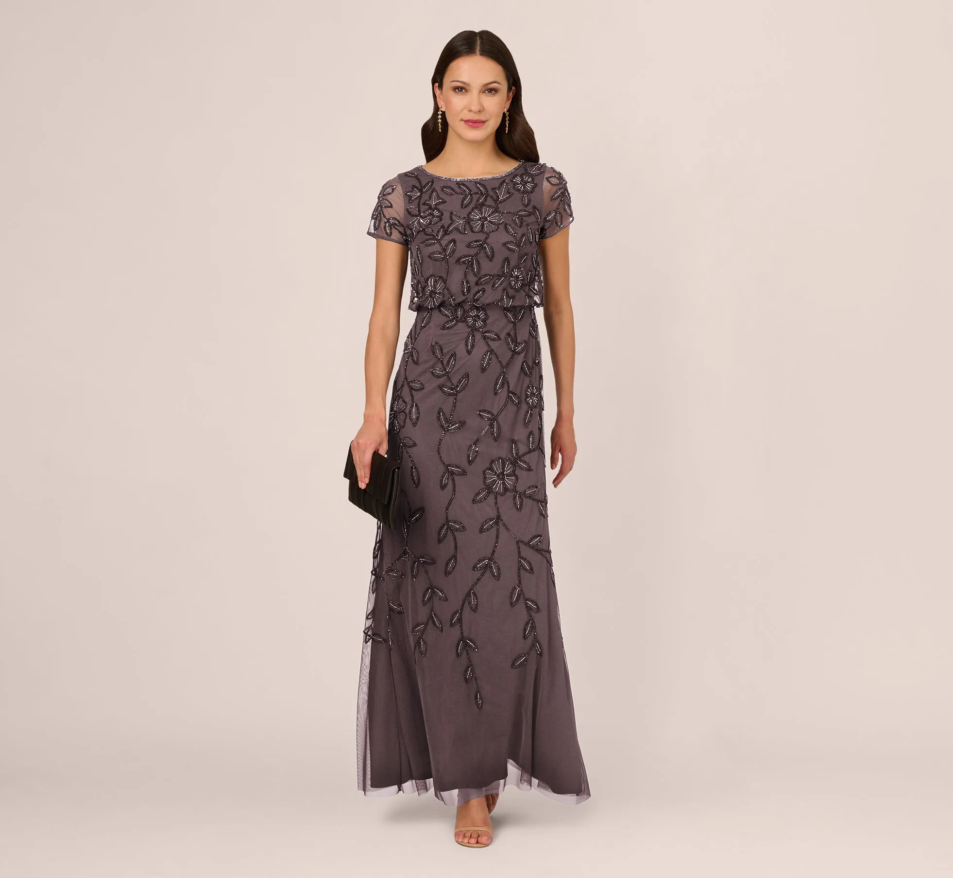 Jasmine Beaded Blouson Gown With Sheer Short Sleeves In Moonscape