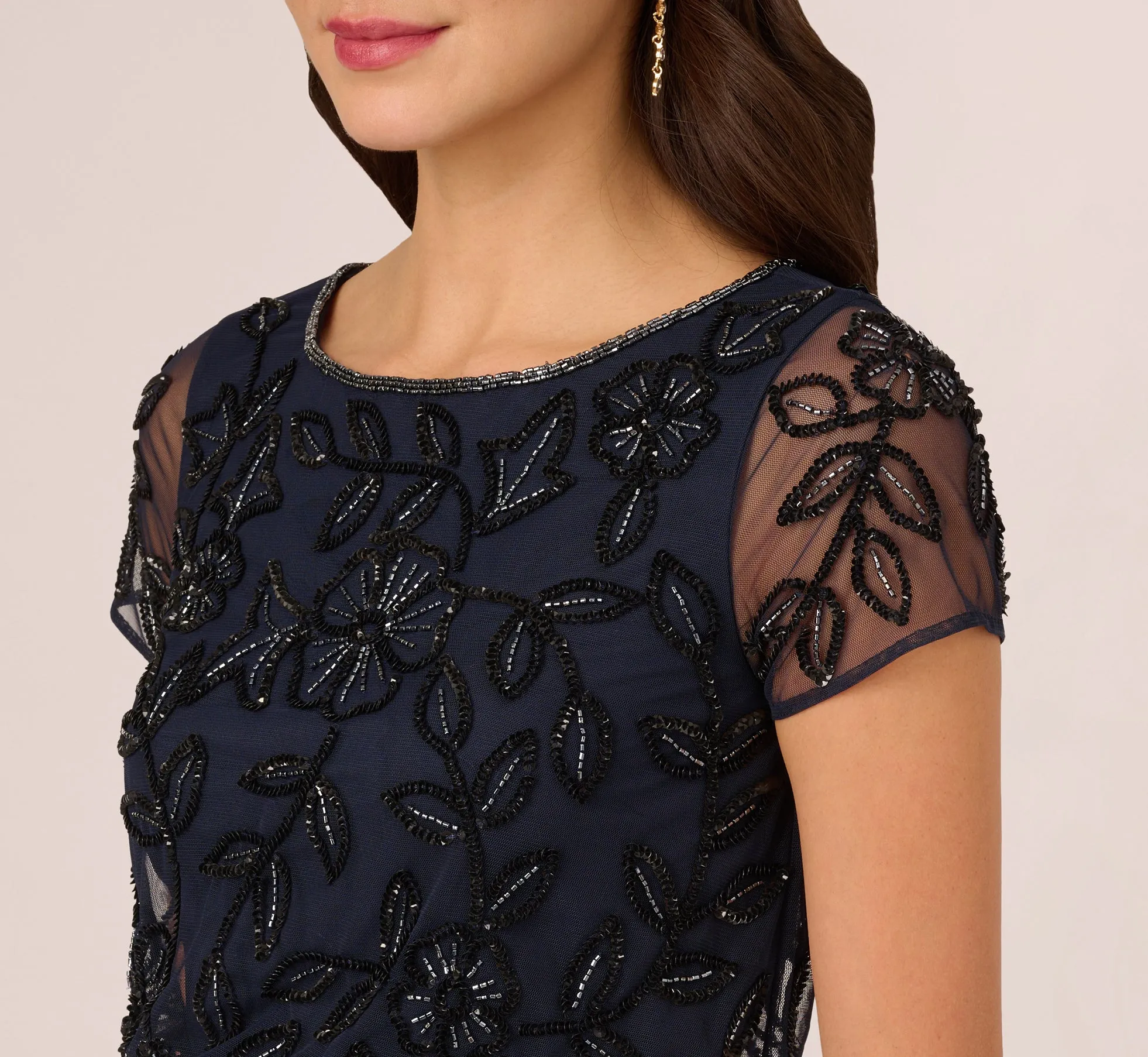 Jasmine Beaded Blouson Gown With Sheer Short Sleeves In Navy Black