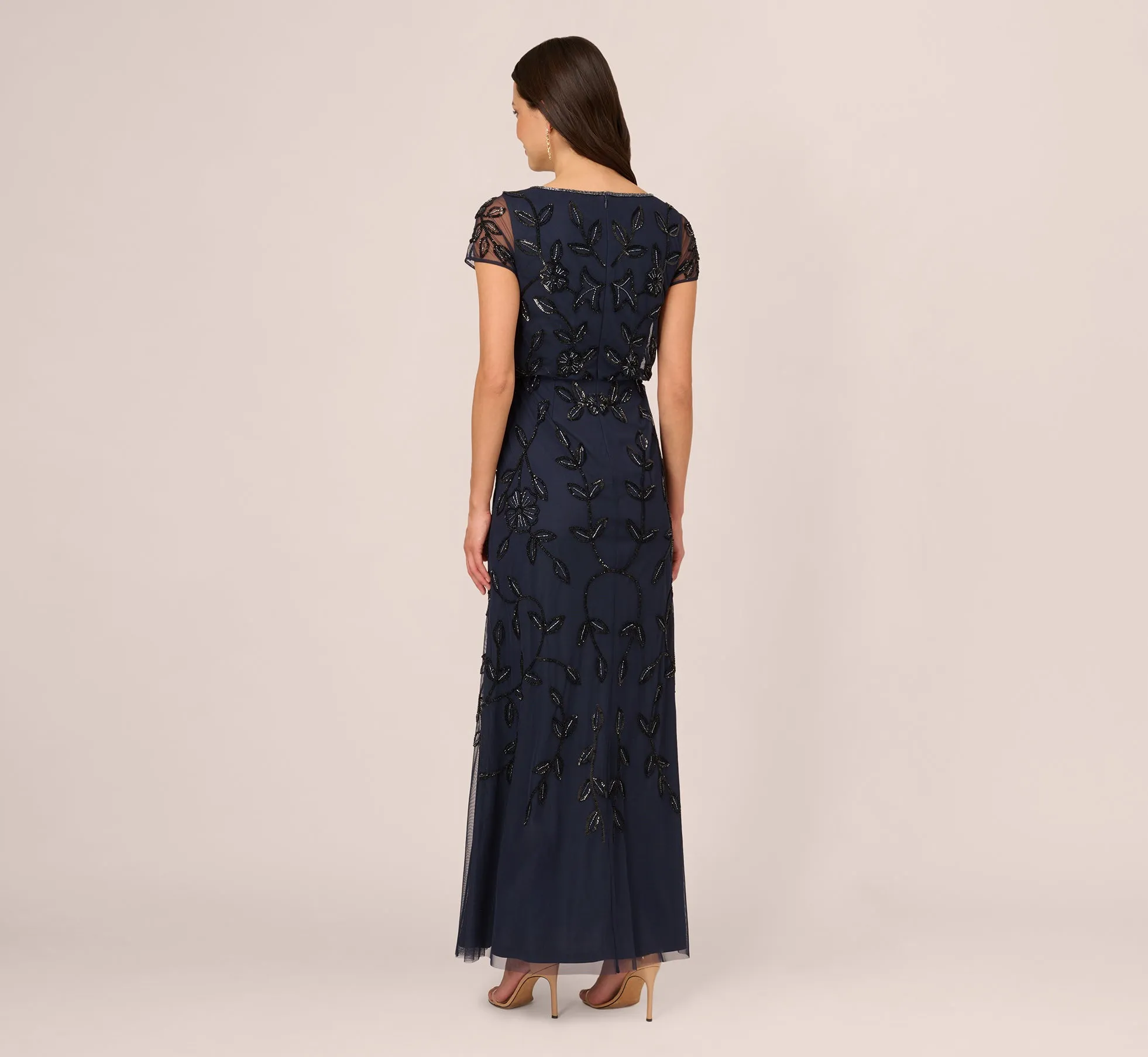 Jasmine Beaded Blouson Gown With Sheer Short Sleeves In Navy Black